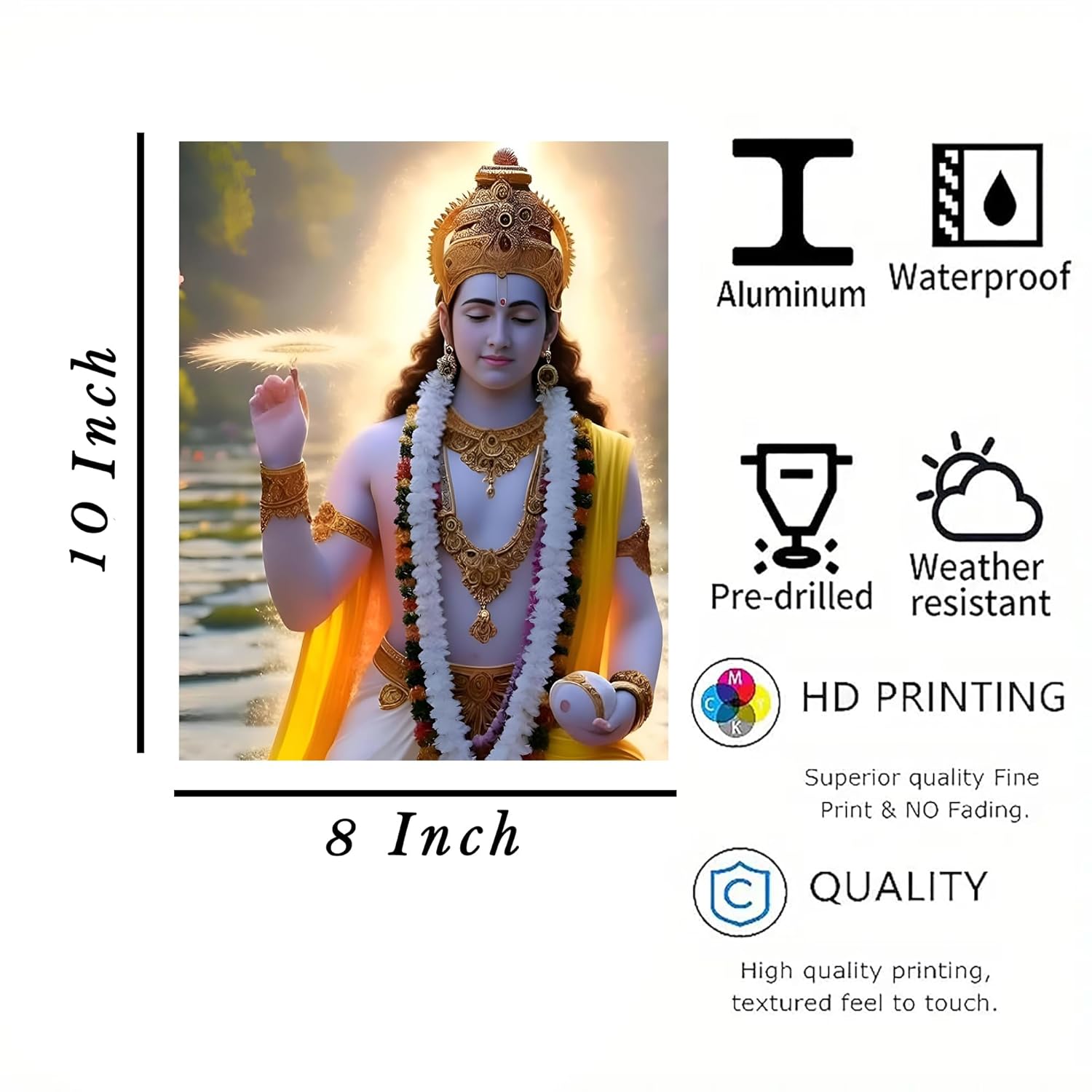 Statue of a deity with product features listed on the right