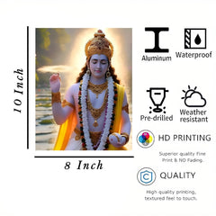 Statue of a deity with product features listed on the right