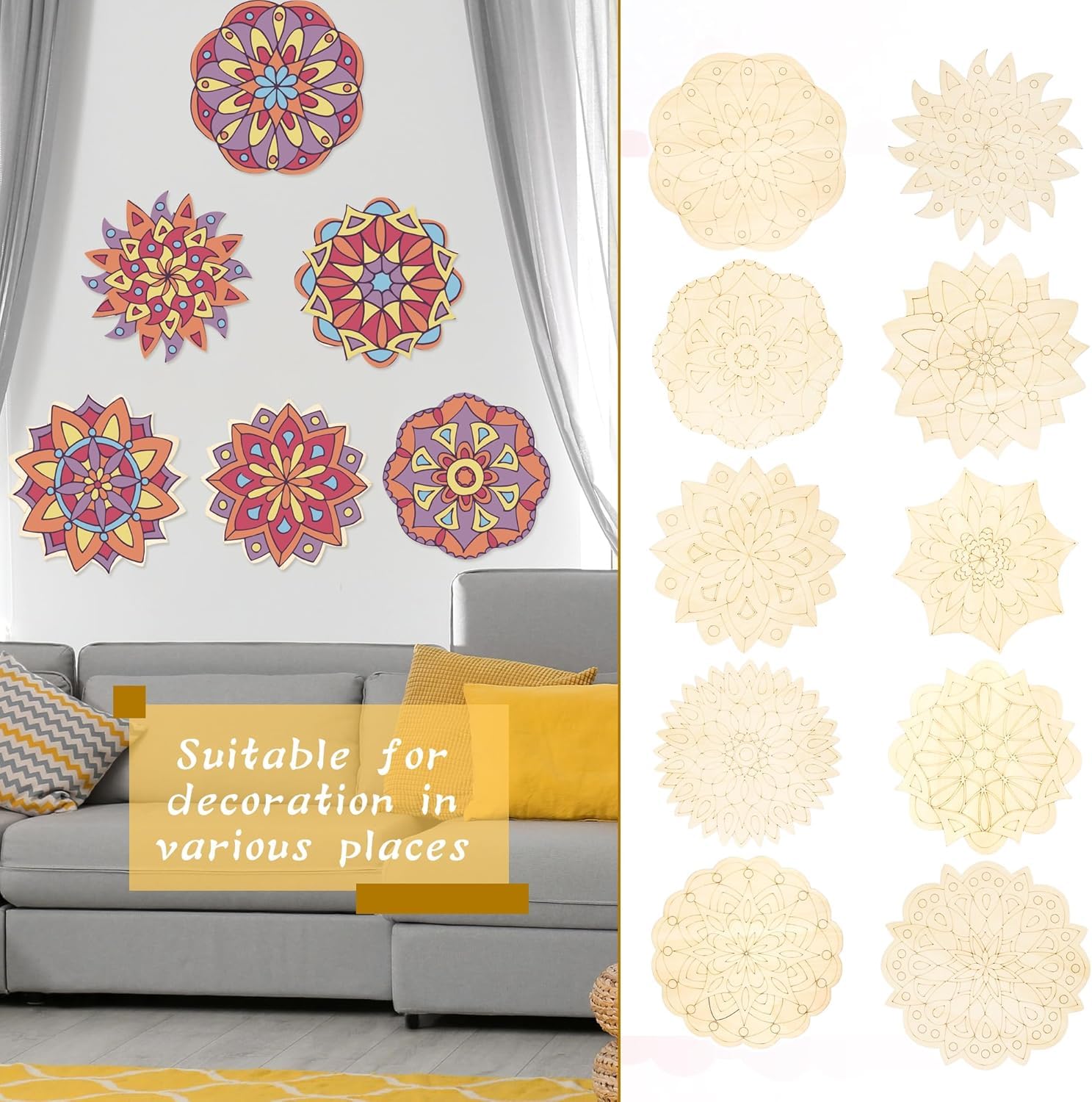 Decorative wall stickers on a wall with a sofa and cushions in the background.