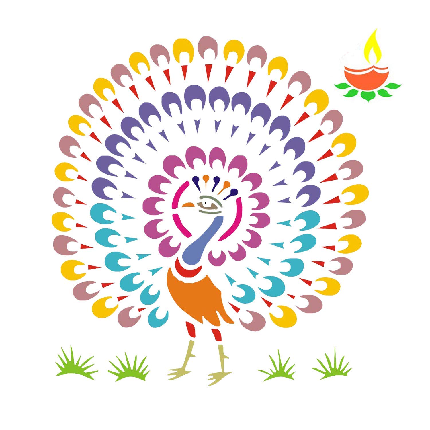 Colorful peacock design with a Diwali lamp on a white background