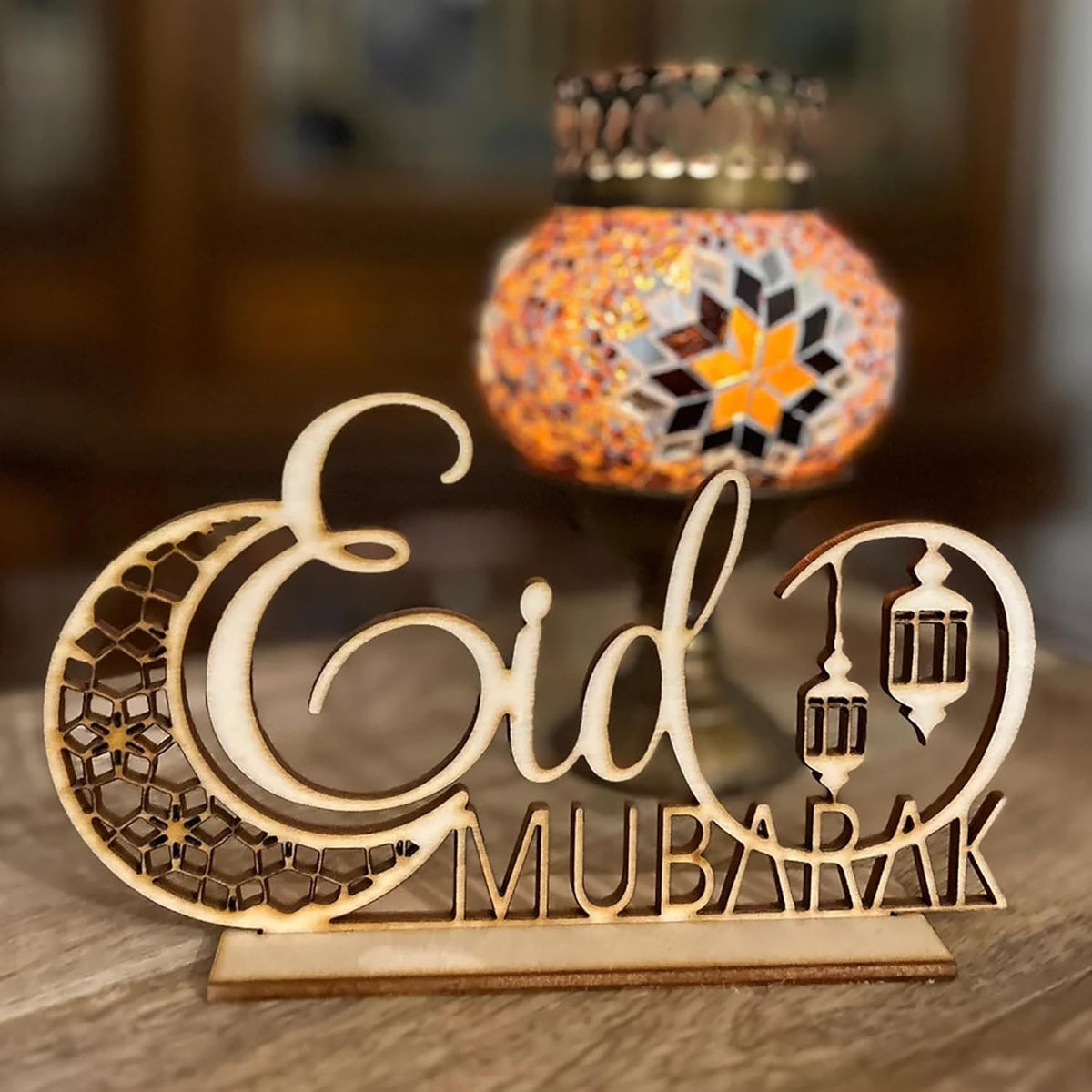 Cliths Wooden Eid Mubarak Table Stand Lantern Design Ramadan Decoration Islamic Home Decor Festive Gift