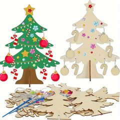 Two wooden Christmas trees with decorations and a pile of wooden pieces on a white background.
