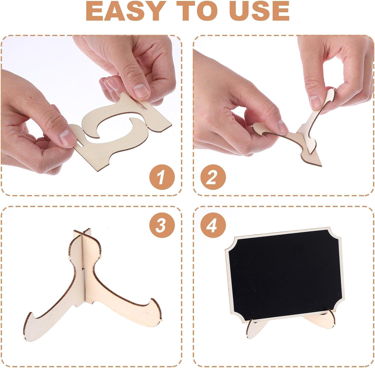 Step-by-step assembly of a wooden hanger with a small blackboard attached, labeled 'EASY TO USE'.