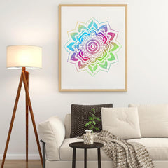 Living room with a colorful mandala artwork on the wall, a white sofa, and a floor lamp.