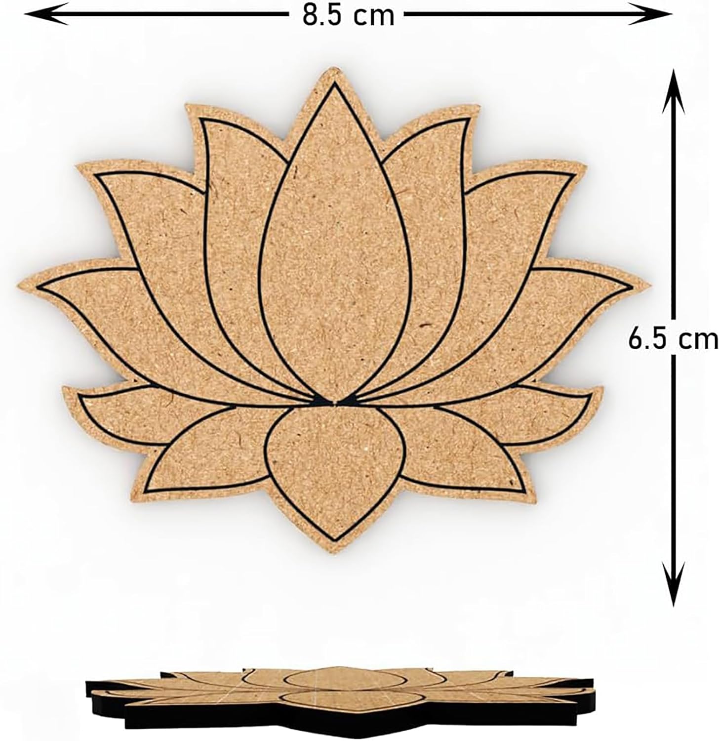 Wooden lotus flower cutout with dimensions on a white background