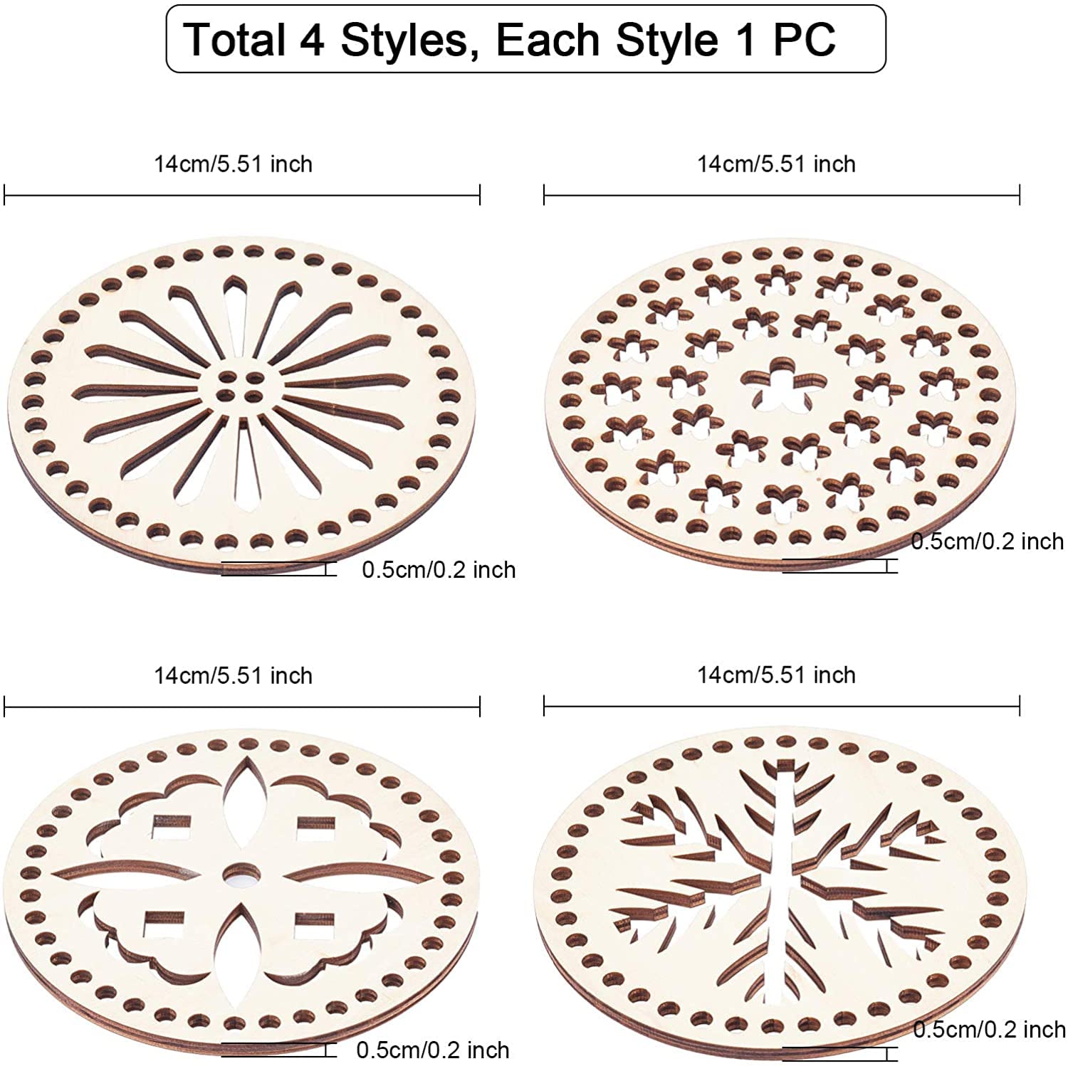 Four different laser-cut wooden coasters with various patterns and measurements.
