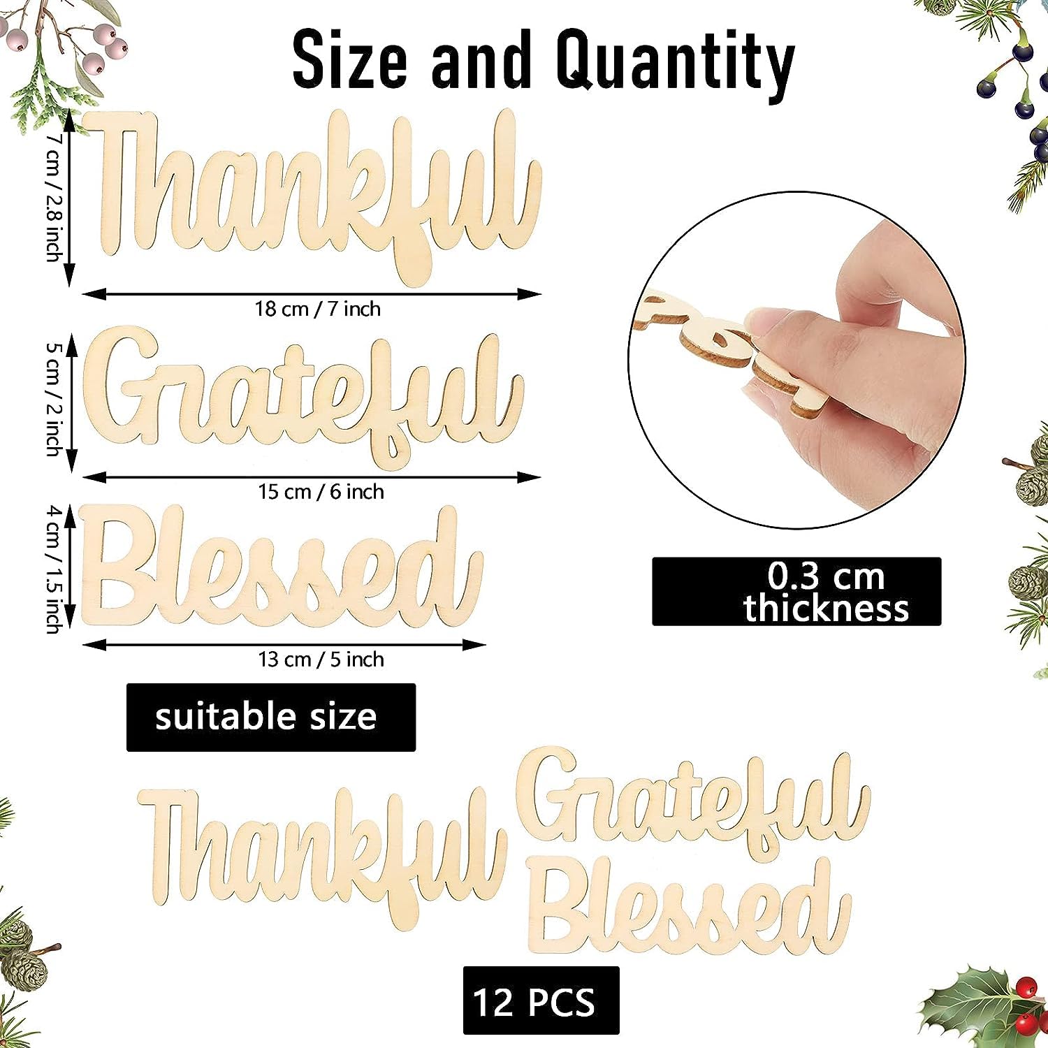 Wooden word decorations with measurements and a hand holding one, on a white background with decorative elements.