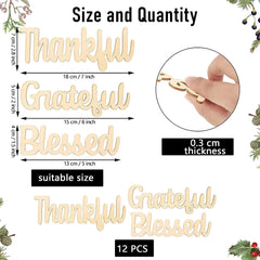 Wooden word decorations with measurements and a hand holding one, on a white background with decorative elements.