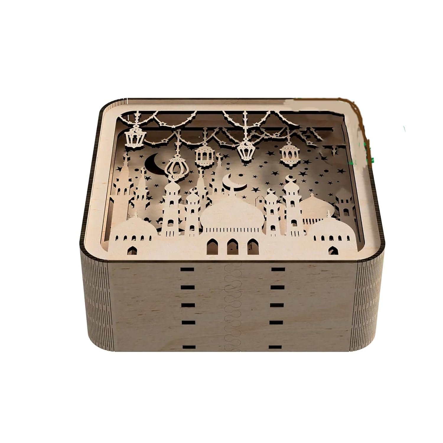 Wooden puzzle box with cut-out designs of a cityscape and moon on a white background