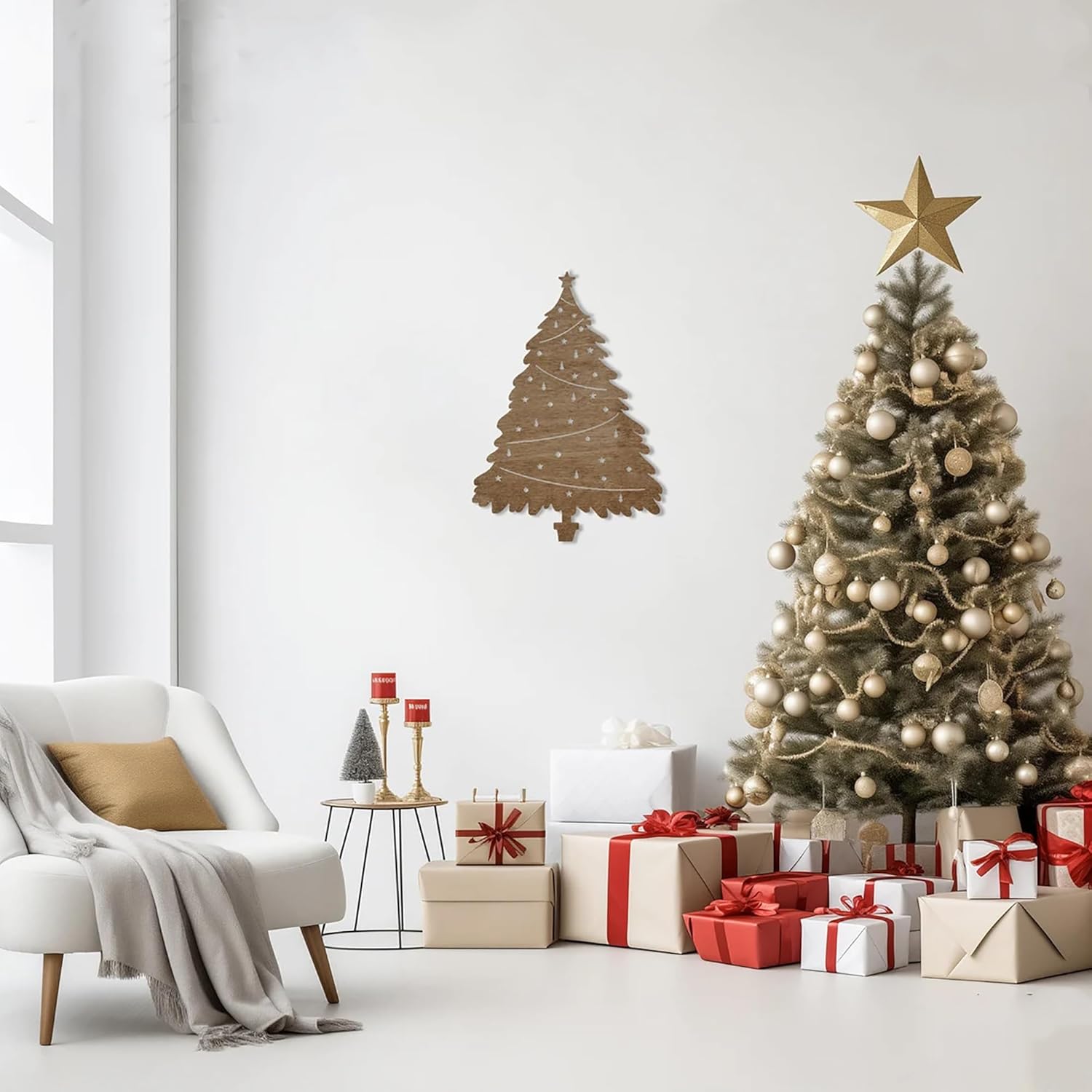 Decorated Christmas tree with presents in a living room setting.