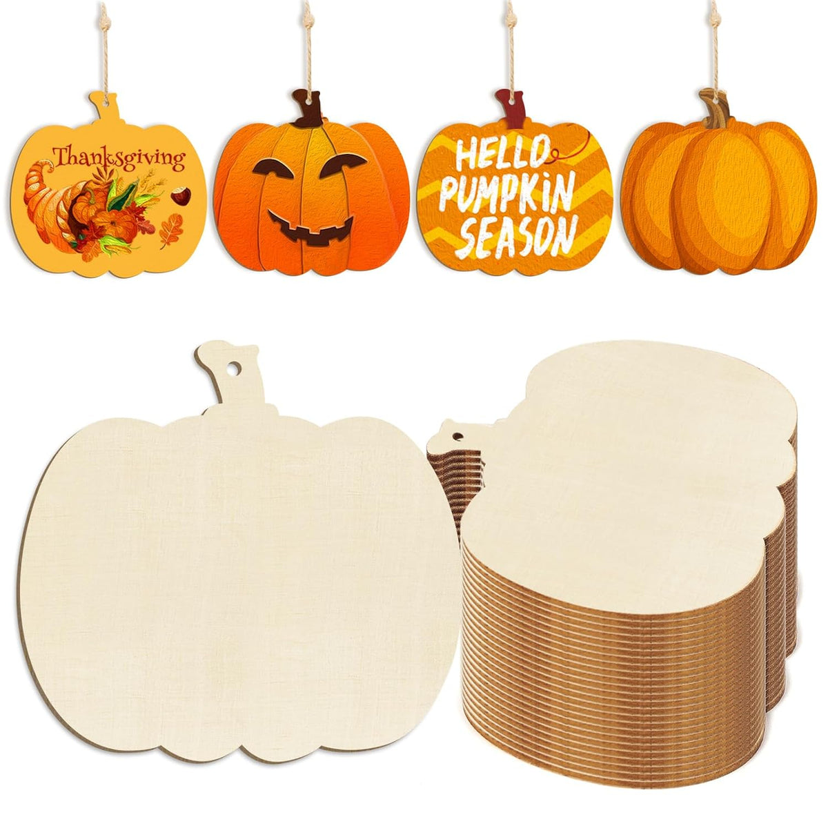 Hanging pumpkin-shaped cutouts with decorative designs and plain white pumpkin shapes below.