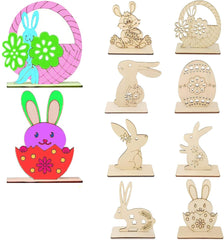 Set of wooden Easter decorations including bunnies, baskets, and eggs on a white background.