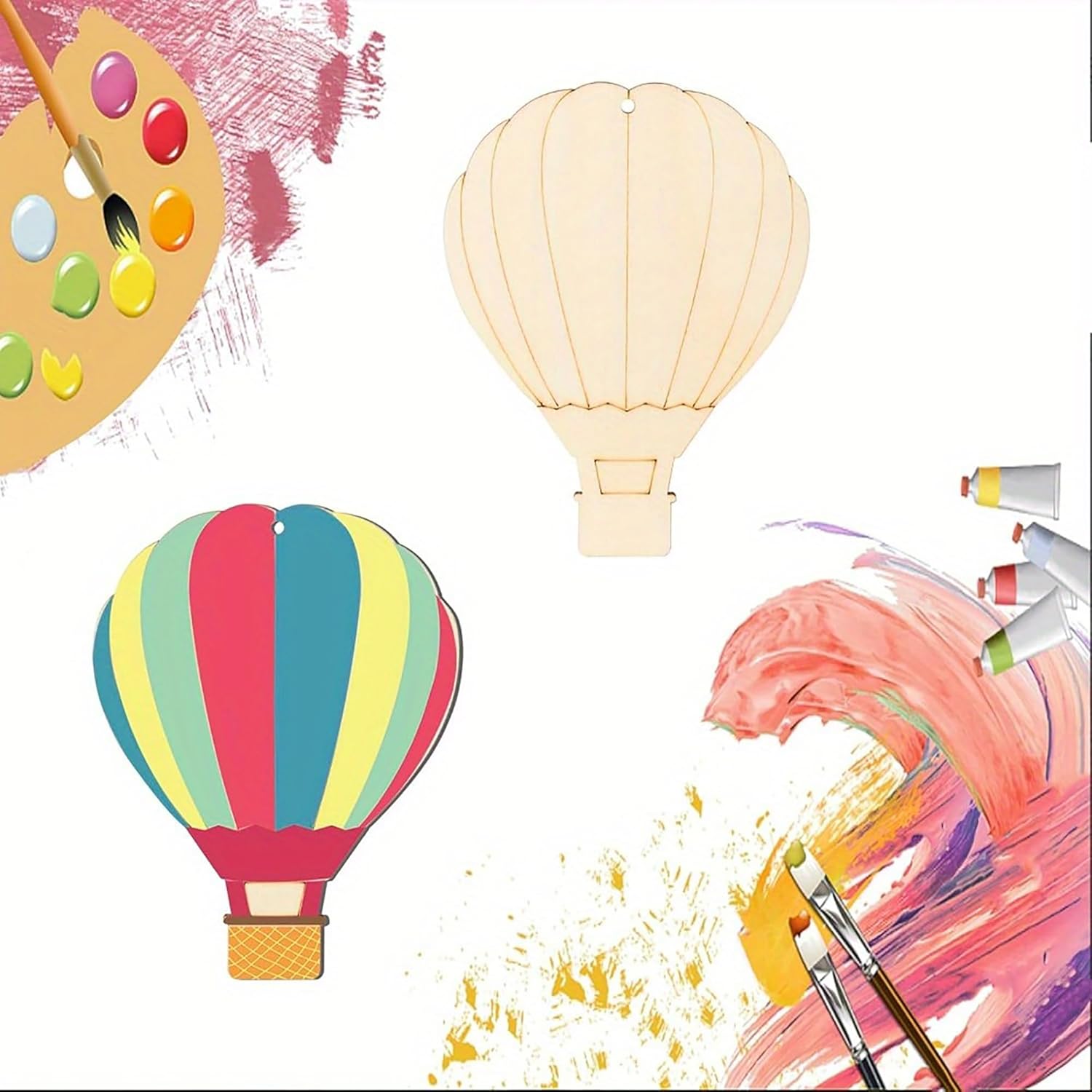 Colorful hot air balloons and art supplies on a white background