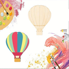 Colorful hot air balloons and art supplies on a white background