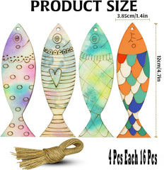 Four colorful fish-shaped decorations with a string, labeled 'Product Size' and '4 Pcs Each 16 Pcs'.