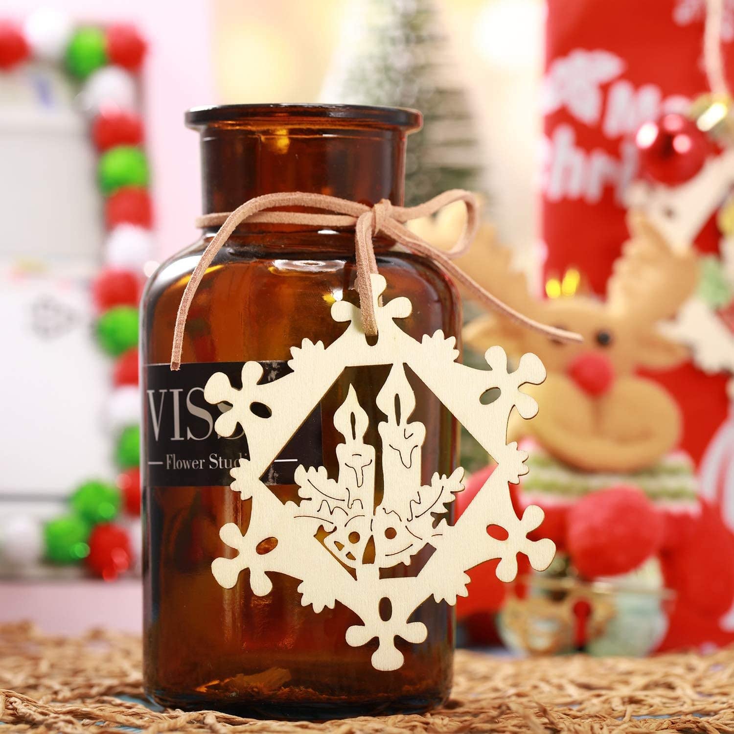 Decorative bottle with a snowflake ornament against a festive background