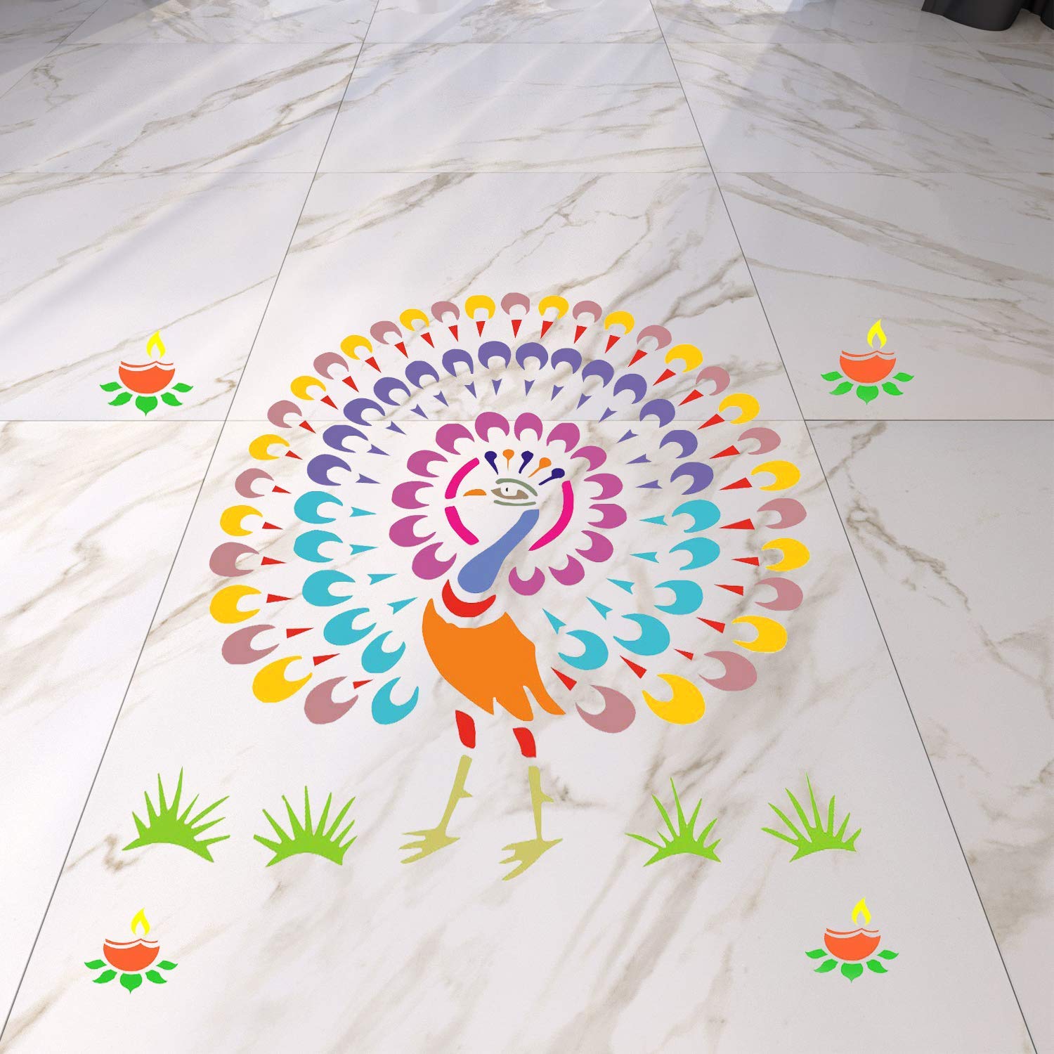 Colorful peacock design on a marble floor with small decorative elements.