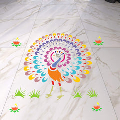 Colorful peacock design on a marble floor with small decorative elements.