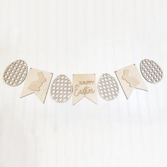 Wooden Easter banner with decorative elements on a white background