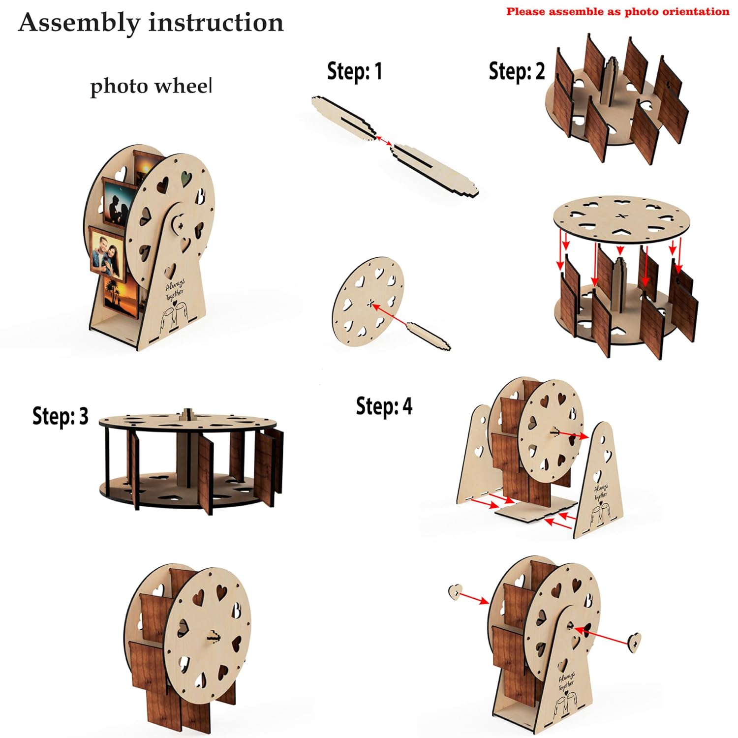 Step-by-step assembly instruction for a wooden photo wheel