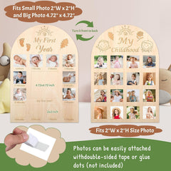 Wooden photo display with two sides for different photo sizes, featuring text and images of babies.