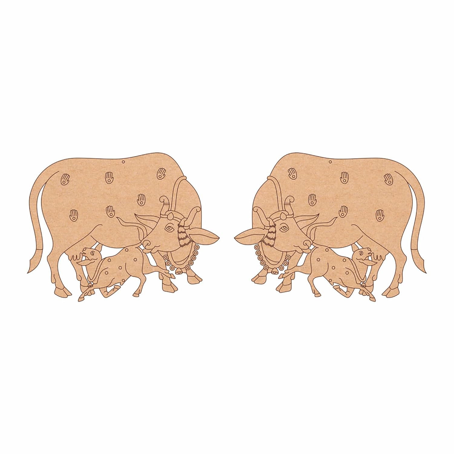 Wooden cutout of a bull and calf design on a white background