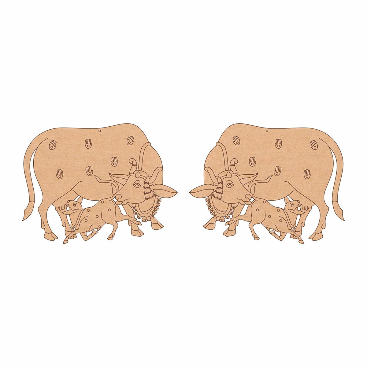 Wooden cutout of a bull and calf design on a white background