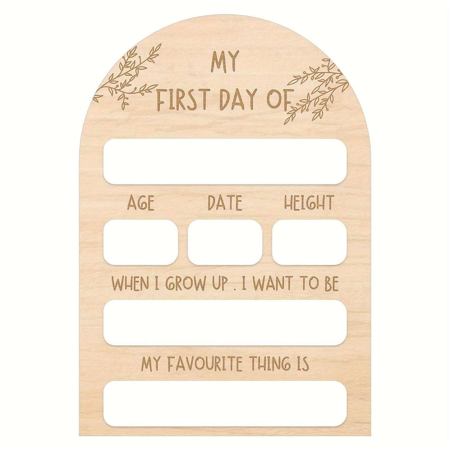 Wooden plaque with engraved text and placeholders for personalization on a white background