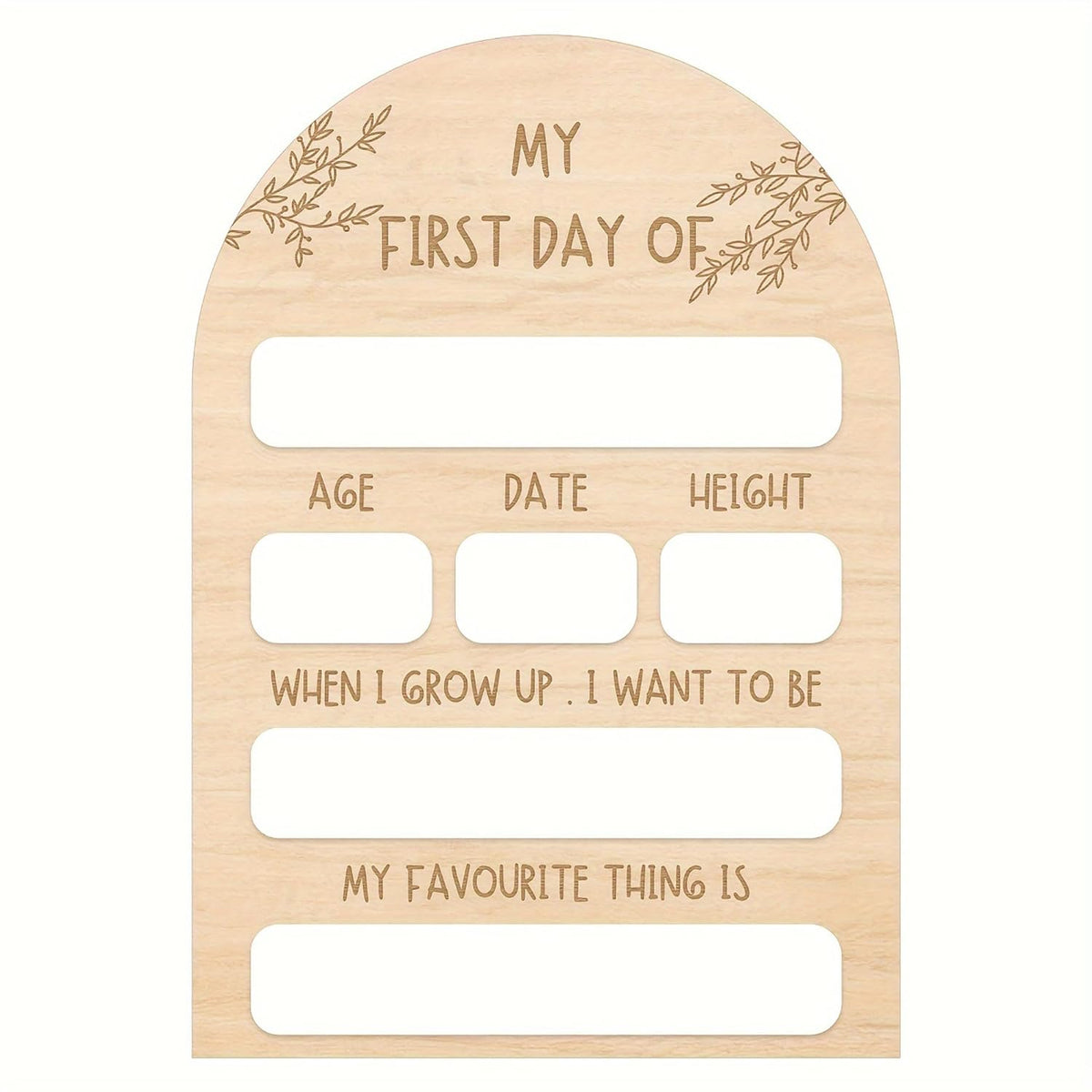 Wooden plaque with engraved text and placeholders for personalization on a white background