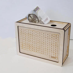 Wooden money counting machine with currency notes on a white background