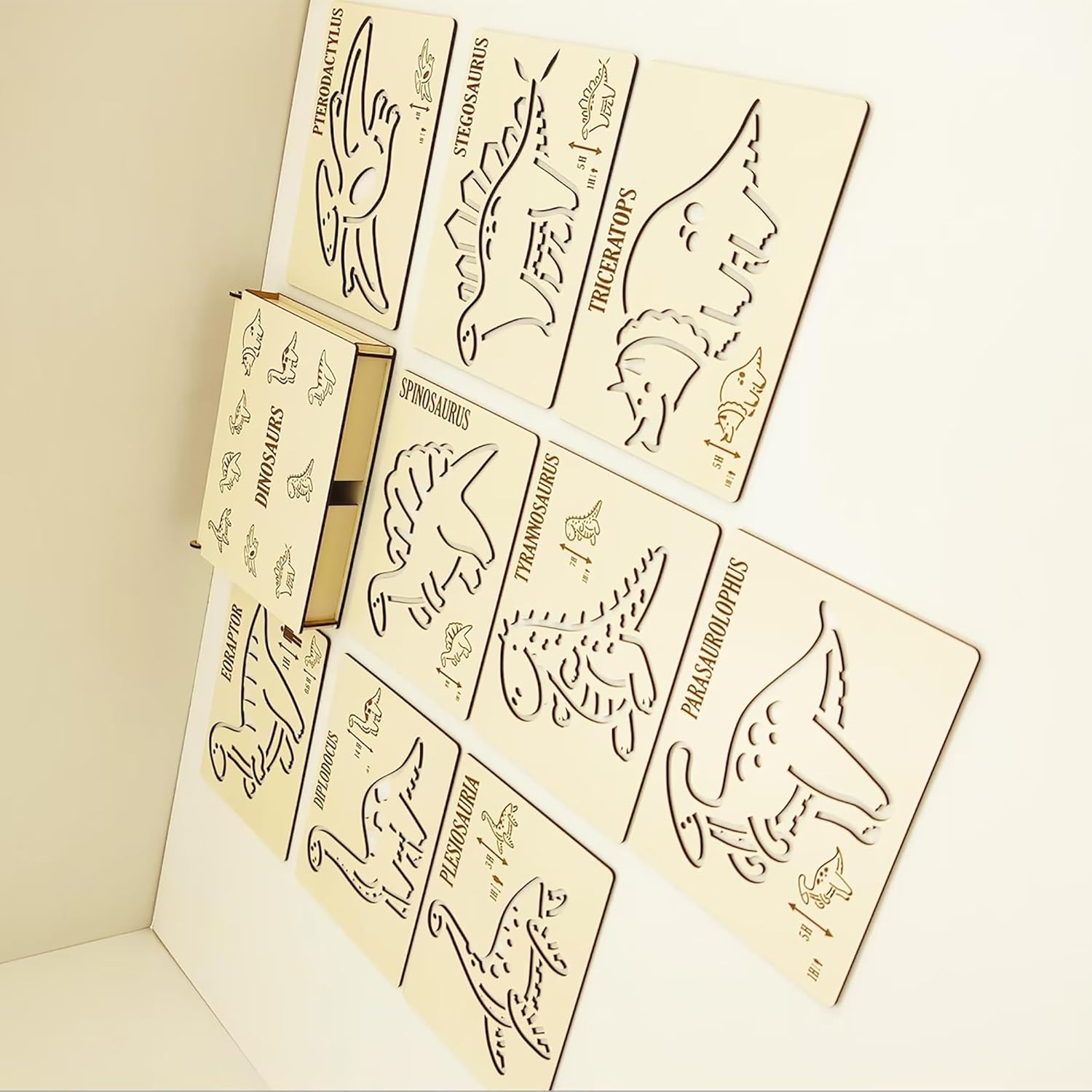 Set of dinosaur-themed cards with illustrations on a beige background