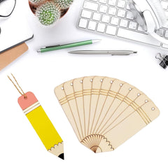 Wooden fan and colorful pencil-shaped bookmark on a desk with office supplies.