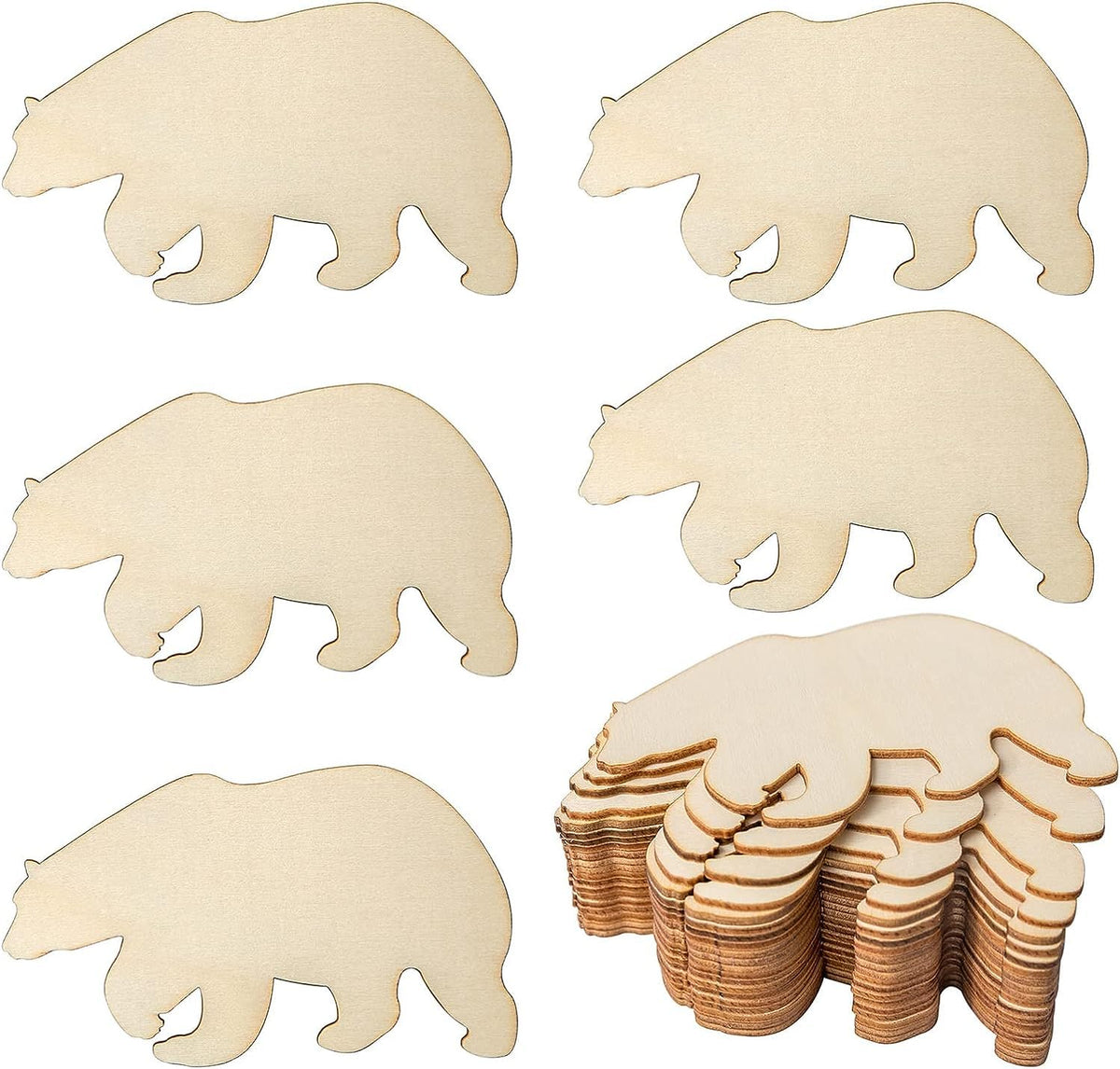 Wooden bear shapes with a stack of additional bear shapes on a white background