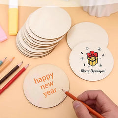 Round wooden coasters with 'Happy New Year' and Christmas designs on a light background