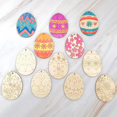 Colorful Easter egg-shaped ornaments on a white surface