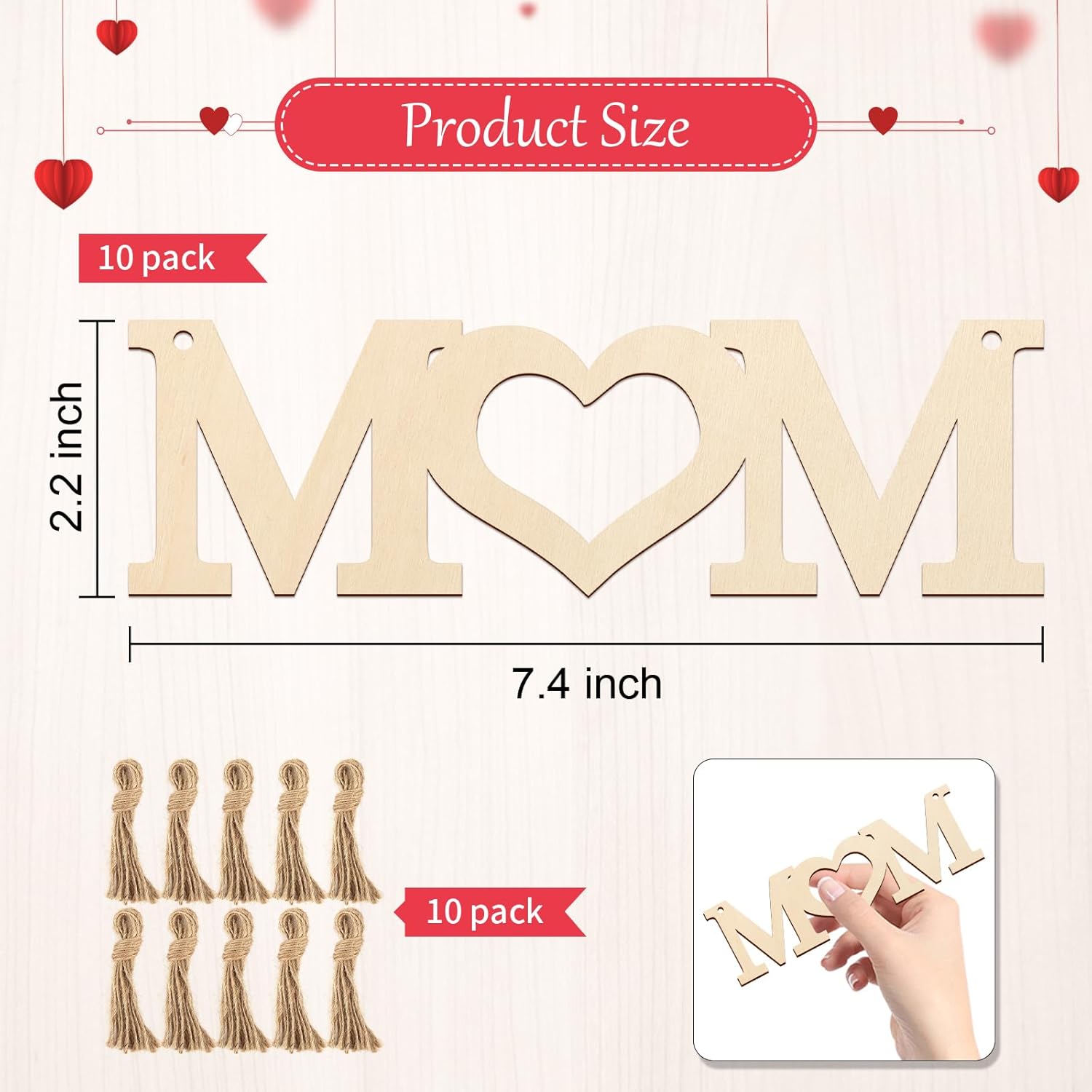 Wooden letters spelling 'MOM' with measurements and packaging details on a heart-themed background.
