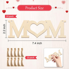 Wooden letters spelling 'MOM' with measurements and packaging details on a heart-themed background.