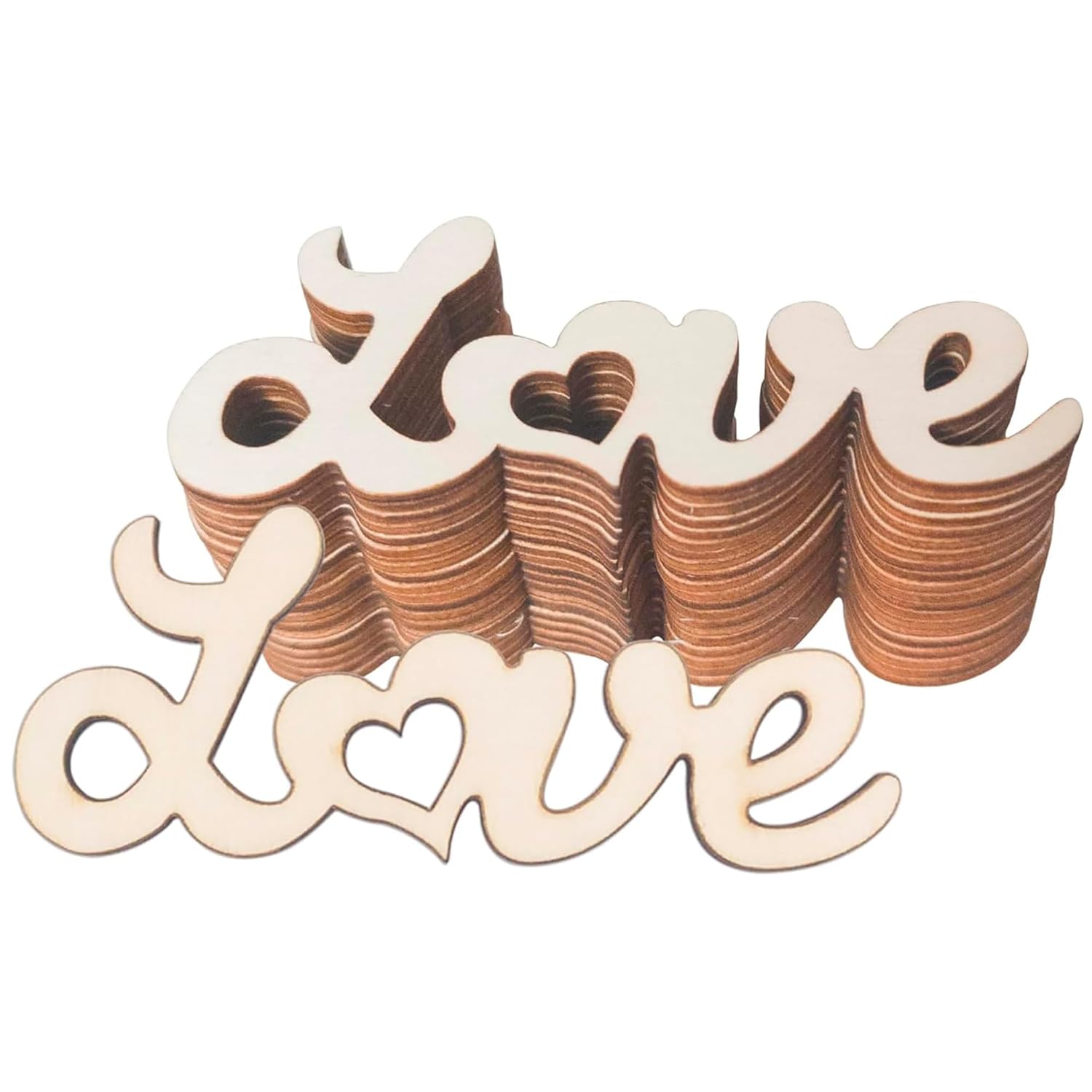 Wooden decorative pieces spelling 'love' on a white background