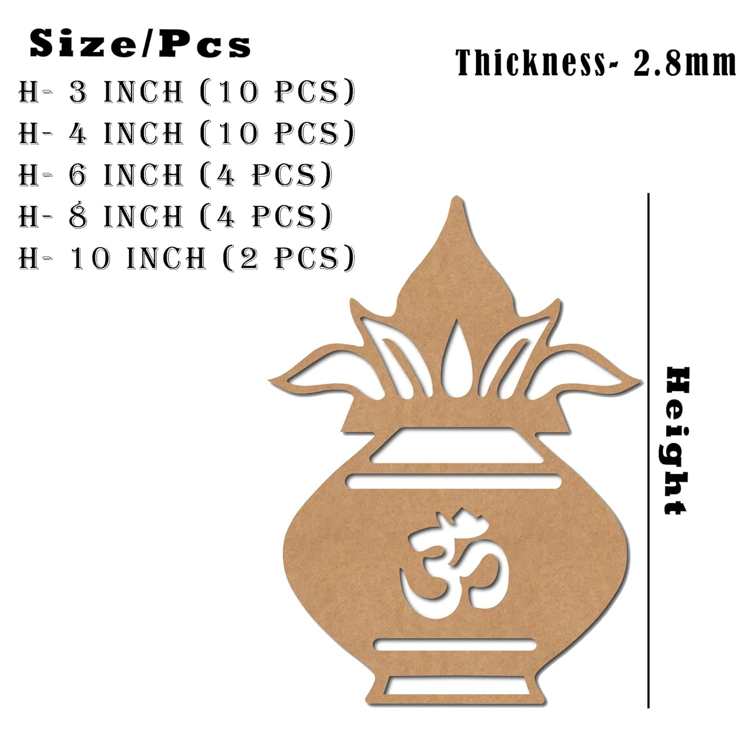 Decorative item with 'Om' symbol and size chart on a white background