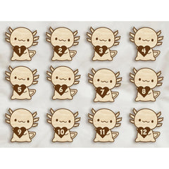 Set of wooden angel figures with heart-shaped numbers on a white background