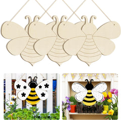 Set of wooden bee-shaped decorations with additional bee design on a white background.