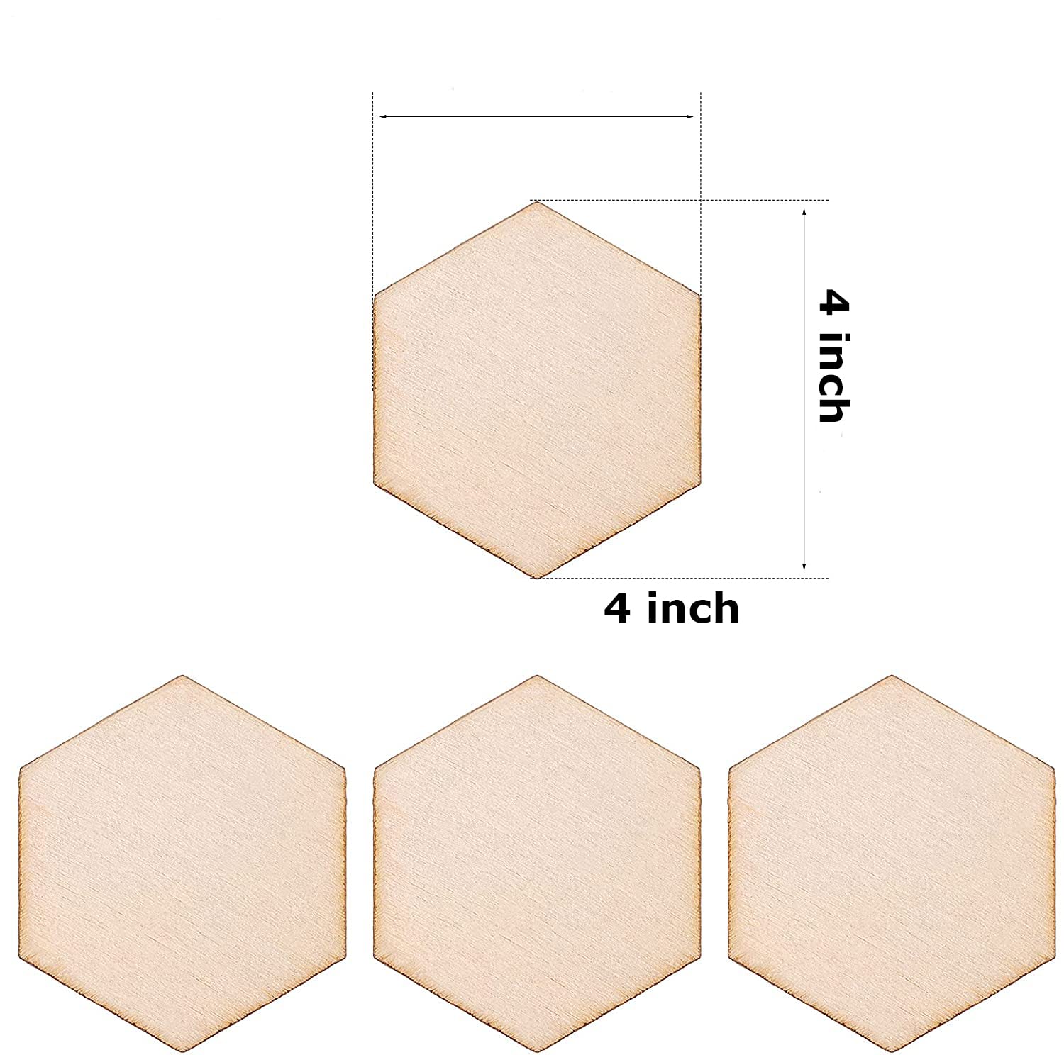 Hexagonal wooden tiles with dimensions on a white background