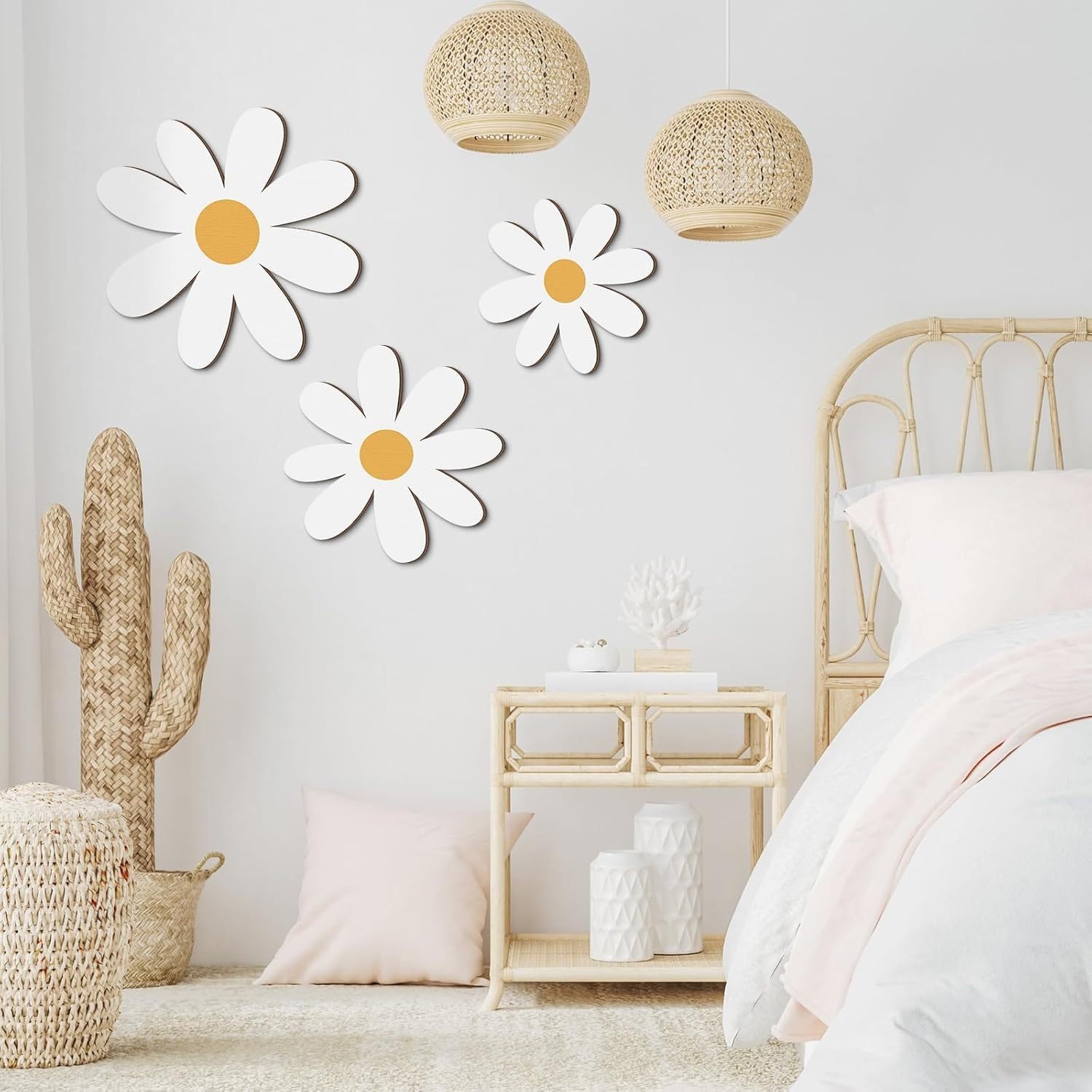 Decorative daisy wall art in a bedroom with rattan decor elements.