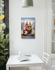 Canvas print of deities on a wall above a white desk with a laptop.