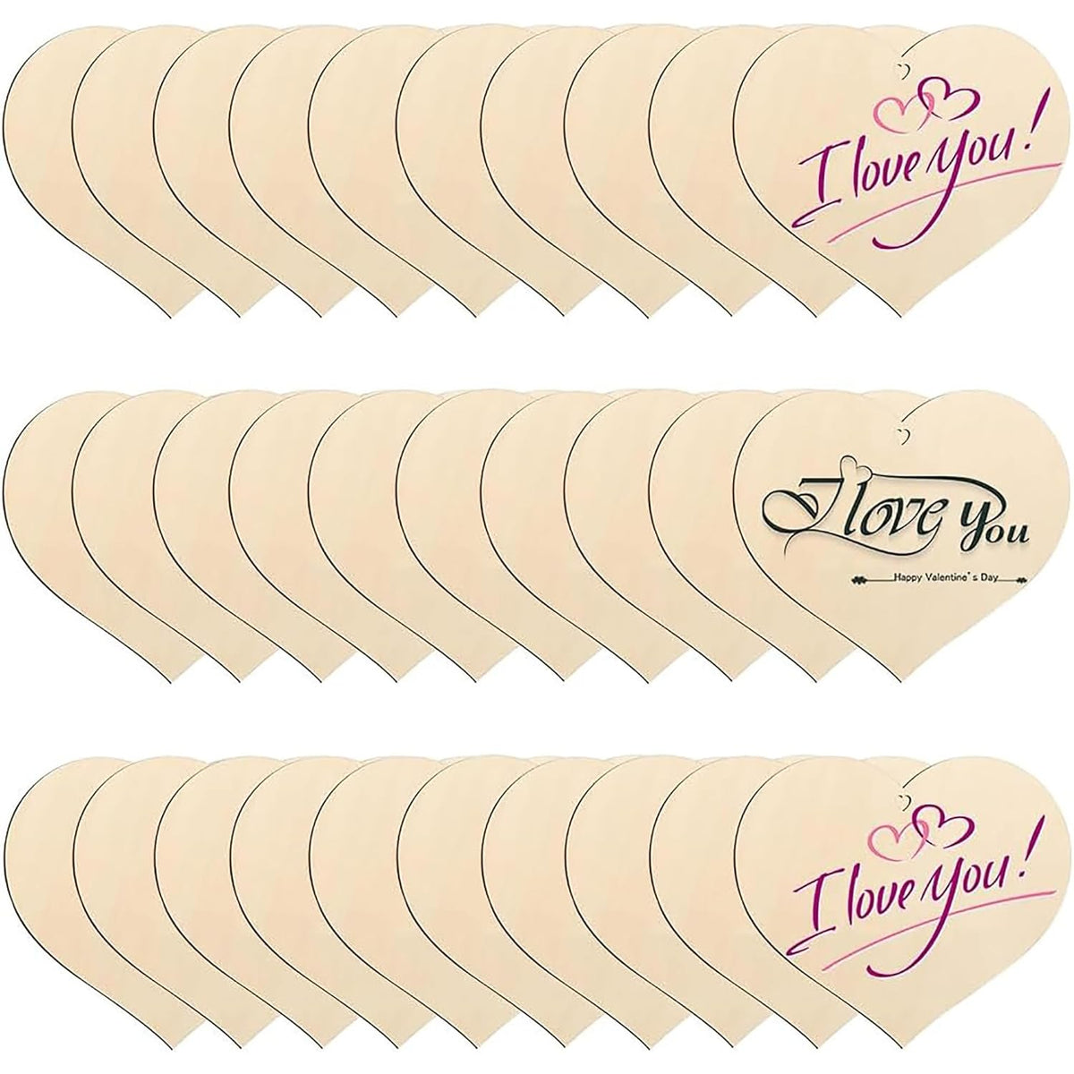 Set of heart-shaped wooden tags with 'I love you!' text on a white background