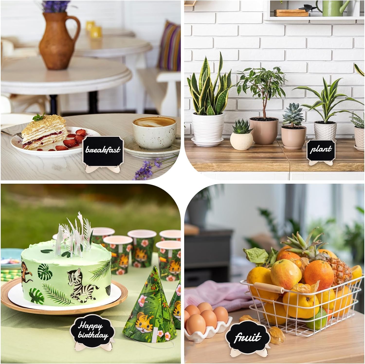 Collage of images including a cake, fruits, plants, and a breakfast setting.