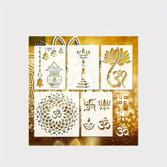 Set of six decorative stencils with religious symbols on a gold and white background
