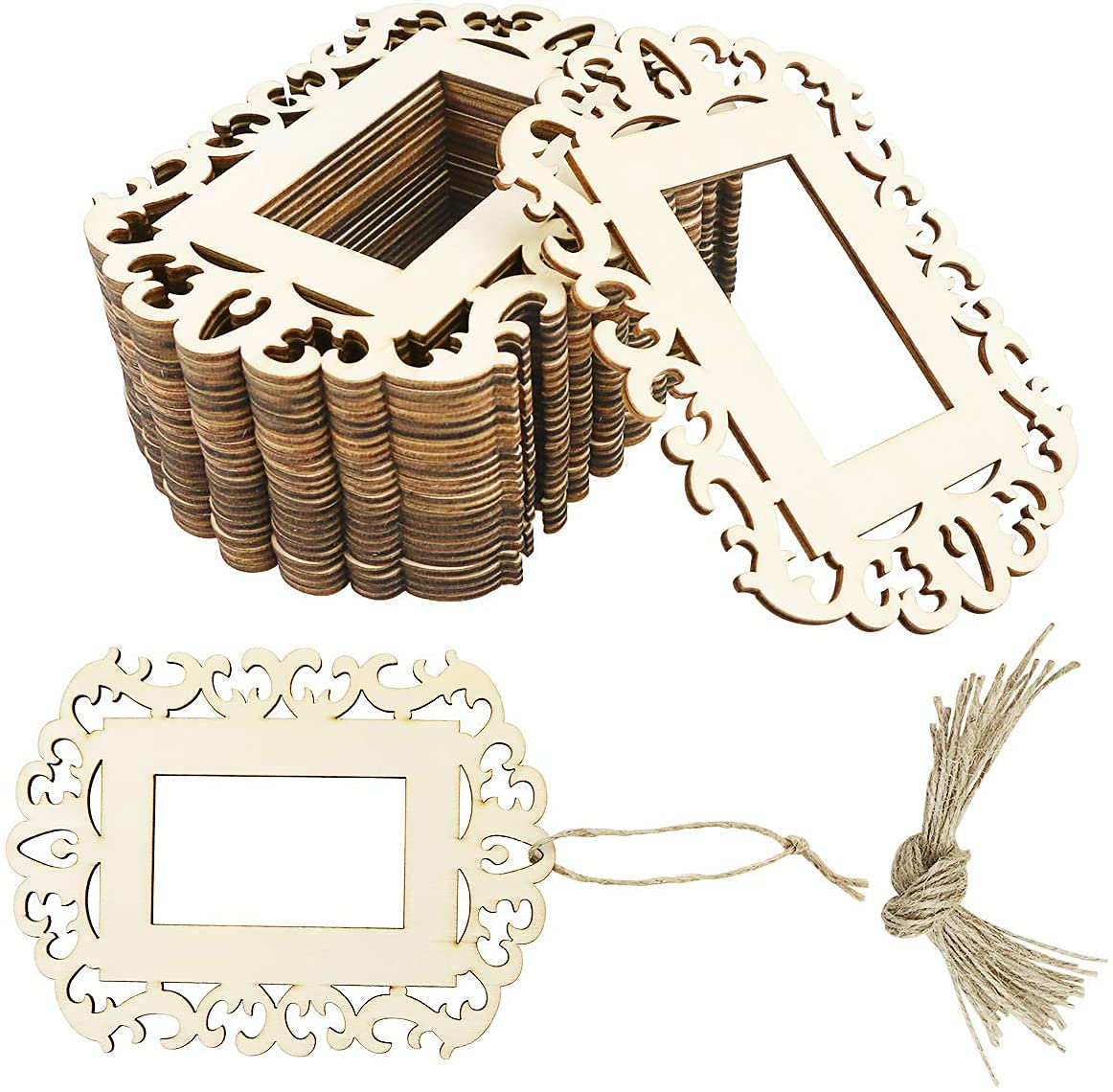 Set of wooden photo frames with decorative cutouts and string on a white background