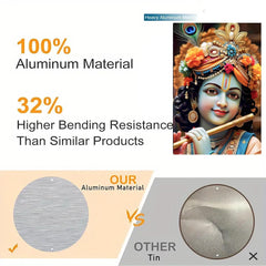 Advertisement comparing aluminum material to other products with a deity figure and material samples.