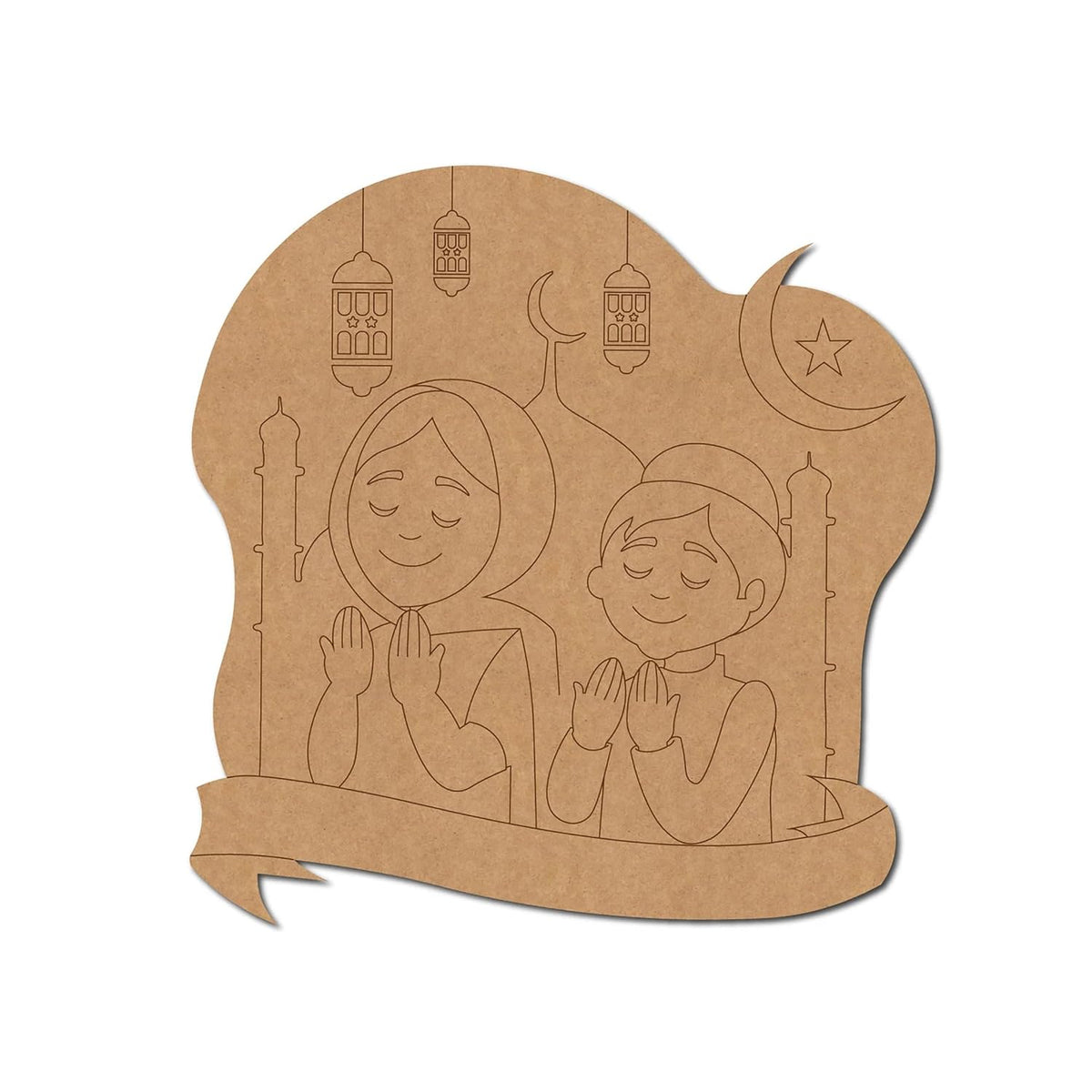 Cardboard cutout of two children praying with Islamic symbols on a white background